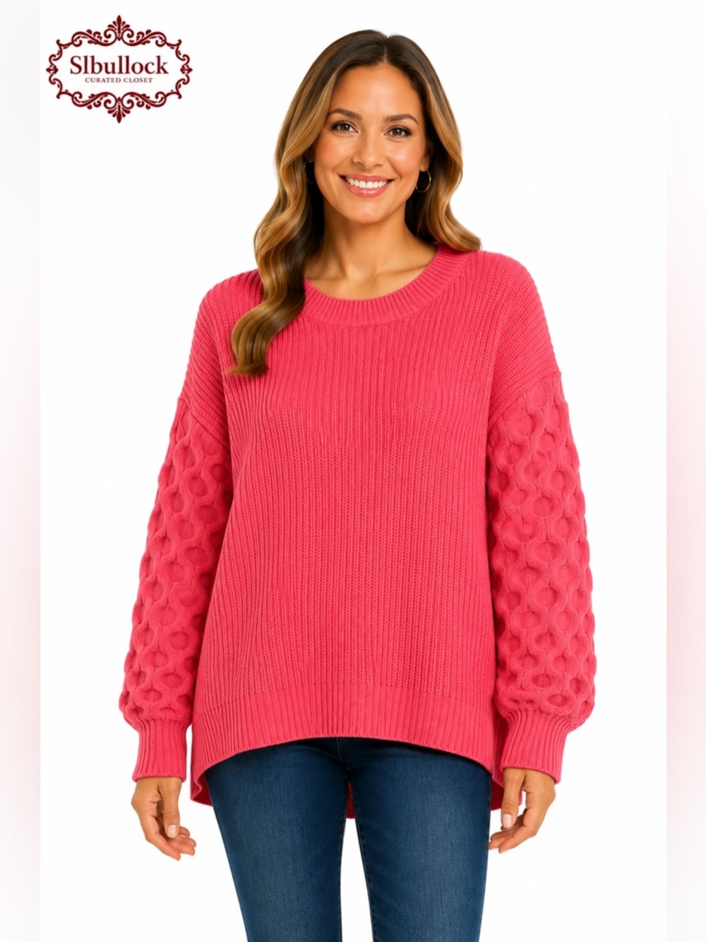S26 PrettyGarden XL Textured Puff Sleeve Sweater Fuchsia Pink Crewneck